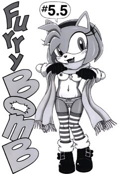 1girl amy_rose boots breasts doujinshi flashing furry furry_bomb furry_bomb_factory furry_female greyscale jewelry karate_akabon lifting_own_clothes medium_breasts monochrome necklace nipples panties scarf sega simple_background solo sonic_(series) striped_clothes striped_panties striped_thighhighs tagme thighhighs underwear white_background