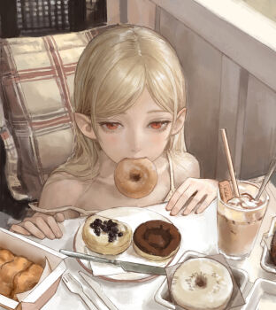 1girl absurdres blonde_hair box chinese_commentary commentary_request donut drinking_straw fang food fork highres indoors kiss-shot_acerola-orion_heart-under-blade kiss-shot_acerola-orion_heart-under-blade_(young) knife monogatari_(series) oshino_shinobu pillow pointy_ears red_eyes solipsist strap_slip train