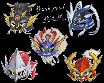 1girl 4boys akiakane14 black_background black_eyes blue_eyes chibi commission covered_eyes dragon duel_monster green_eyes helmet helmet_over_eyes highres japanese_text long_hair mask mask_on_head mask masked_male multiple_boys red_hair skeb skeb_commission swordsoul_(yu-gi-oh!) swordsoul_grandmaster_chixiao swordsoul_of_mo_ye swordsoul_of_taia swordsoul_strategist_longyuan swordsoul_supreme_sovereign_-_chengying white_hair yellow_eyes yu-gi-oh!