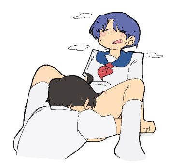 1boy 1girl amakazari_eri azuredairy black_hair blue_hair blue_sailor_collar blush breath city_(arawi_keiichi) cunnilingus dot_nose hetero makabe_tatewaku neckerchief open_mouth oral red_neckerchief sailor_collar school_uniform serafuku shirt short_hair simple_background socks spread_legs very_short_hair white_background white_serafuku white_shirt white_socks