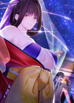 Rule 34 | 1boy, 1girl, bare shoulders, black hair, breasts, brown jacket, card, closed mouth, collarbone, commentary request, hair intakes, hair ornament, hair stick, highres, holding, holding card, huge breasts, jacket, japanese clothes, light particles, long hair, looking at viewer, mature female, mob kousei no ore demo boukensha ni nareba riajuu ni naremasuka?, night, obi, off shoulder, official art, open mouth, red eyes, revealing clothes, sash, see-through clothes, see-through veil, sgym ren, short hair, signature, sky, smile, solo, star (sky), starry sky, underboob, upper body, veil, very long hair, yellow sash