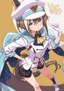 1girl animal_ears blue_eyes breasts brown_hair cheval_grand_(grand_itineraire)_(umamusume) cheval_grand_(umamusume) commentary_request gloves hat highres horse_ears horse_girl horse_tail looking_at_viewer puddinghomhom shorts small_breasts solo tail umamusume