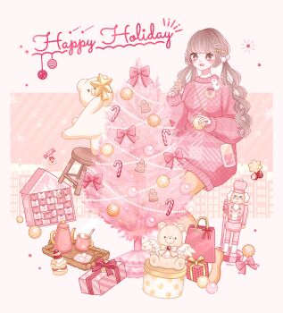 >_< 1girl absurdres advent_calendar ari_(oonmnmooo) artist_name bear bow box brown_eyes brown_hair candy candy_cane cellphone christmas christmas_ornaments christmas_tree commentary cup dress english_text food gift gift_box gingerbread_cookie hair_ornament hairclip highres holding_ornament hot_chocolate long_hair marshmallow mug nutcracker original phone pink_bag pink_bow pink_dress pink_theme pom_pom_(clothes) pom_pom_hair_ornament smartphone solo steam stool stuffed_animal stuffed_toy sweater sweater_dress symbol-only_commentary teddy_bear twintails