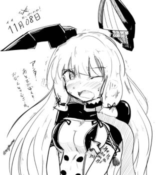 10s 1girl angry blush cursor embarrassed female_focus floating_headgear gameplay_mechanics greyscale hair_ribbon headgear heavy_breathing kantai_collection long_hair looking_at_viewer monochrome mouse_cursor murakumo_(kancolle) murakumo_kai_ni_(kancolle) necktie nipple_press nipple_stimulation number_pun one_eye_closed ribbon simple_background solo sweat taurine_8000mg tears translation_request tress_ribbon twitter_username white_background