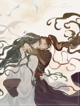 2boys abstract_background absurdres bishounen black_eyes black_hair black_hanfu chinese_clothes closed_mouth couple frown green_hair hair_ribbon hanfu headband highres hug lan_wangji layered_sleeves long_hair long_sleeves male_focus masyanajoy modao_zushi multiple_boys ponytail red_ribbon ribbon short_over_long_sleeves short_sleeves signature sketch smile topknot unfinished wei_wuxian white_hanfu white_headband wide_sleeves yaoi