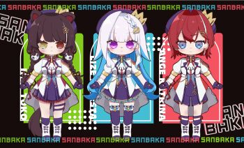 3girls :&gt; :3 ange_katrina animal_ears animal_hair_ornament ankle_boots beret black_background blue_eyes blue_hair blue_ribbon blush boots braid brown_hair brown_tail character_name closed_mouth colored_inner_hair commentary_request crown_hat_ornament deformed dog_ears dog_girl dog_tail flower frilled_skirt frills full_body gloves gradient_eyes group_name group_picture hair_flower hair_intakes hair_ornament hair_ribbon hat heterochromia highres idol_clothes inui_toko jacket leg_ribbon legwear_garter lize_helesta long_hair looking_at_viewer low_twin_braids medium_hair miniskirt multicolored_eyes multicolored_hair multiple_girls nanasiakuru neck_ribbon nijisanji pleated_skirt puffy_short_sleeves puffy_sleeves purple_eyes purple_gloves purple_hat purple_ribbon purple_shorts purple_skirt purple_socks purple_thighhighs red_eyes red_hair red_ribbon ribbon sanbaka_(nijisanji) sanbaka_anniversary_outfit short_sleeves shorts single_wrist_cuff skirt smile socks straight-on streaked_hair tail tassel thigh_ribbon thigh_strap thighhighs twin_braids two-tone_hair very_long_hair virtual_youtuber white_boots white_hair white_jacket white_wrist_cuffs wrist_cuffs wrist_ribbon yellow_eyes