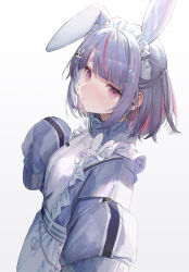 Rule 34 | 1girl, animal ears, arl, blush, closed mouth, frills, grey hair, hair ornament, hairclip, highres, jacket, long sleeves, looking at viewer, multicolored hair, purple eyes, purple hair, rabbit ears, sleeves past fingers, sleeves past wrists, solo, streaked hair, tosaki mimi, twintails, virtual youtuber, vspo!, white background