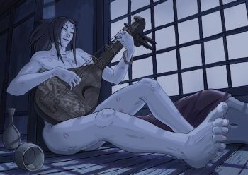 Rule 34 | 2boys, biwa lute, black hair, bottle, bracelet, commentary request, completely nude, convenient censoring, highres, implied after sex, implied yaoi, instrument, inu-oh, inu-oh (inu-oh), jewelry, lipstick mark, lipstick mark on arm, lipstick mark on chest, lipstick mark on clothes, lipstick mark on hand, lipstick mark on leg, lute (instrument), male focus, multiple boys, music, nude, paper wall, playing instrument, ponytail, sake bottle, thepurgeintokyo, toenails, toes, tomona (inu-oh), too many lipstick marks