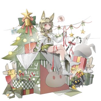 1girl absurdres animal_ear_fluff animal_ears animal_print arknights arm_support beanstalk_(arknights) beanstalk_(gift_uncompleted)_(arknights) bell blonde_hair bow bow_legwear braid braided_ponytail candy candy_cane chinese_commentary christmas christmas_ornaments christmas_present christmas_tree clothes_pin collar commentary_request creature crossed_legs doctor_(arknights) dot_nose dress eyes_visible_through_hair fence fingernails food foot_dangle fox_ears fox_girl fox_tail frilled_collar frilled_skirt frills from_side full_body gift green_bow green_dress green_hairband green_ribbon hair_between_eyes hair_ornament hair_over_shoulder hair_ribbon hairband hairclip hand_up heart heart-shaped_pupils highres holding holding_ribbon kneehighs layered_skirt light_blush lingyu_ovo long_hair looking_at_viewer merry_christmas neck_bell no_shoes off-shoulder_sweater off_shoulder paper parallel_hairclips peacake_(arknights) photo_(object) picket_fence plant pom_pom_(clothes) ponytail potted_plant print_bow rabbit_print red_bow red_eyes red_ribbon red_rope ribbed_socks ribbon ribbon_braid rope short_dress side_slit simple_background single_braid single_off_shoulder sitting skirt sleeveless sleeveless_dress smile socks speech_bubble spoken_character spoken_heart star_(symbol) star_ornament star_print string string_of_fate sweater symbol-shaped_pupils tail white_background white_bow white_rope white_skirt white_socks wooden_fence wrapping_paper yellow_bow