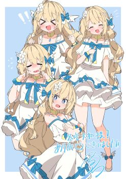 Rule 34 | !?, > <, 1girl, :d, = =, absurdres, bare legs, blonde hair, blue background, blue bow, blue eyes, blue ribbon, blush, border, bow, bright pupils, closed eyes, collar, commentary, commission, cowboy shot, cropped legs, crossed arms, crying, dress, dress bow, facing viewer, floral ribbon, flying sweatdrops, footwear bow, frilled straps, full body, hair bow, heart, heart in mouth, highres, indie virtual youtuber, long hair, looking at viewer, multiple views, no nose, open mouth, outside border, petticoat, raised eyebrows, raised inner eyebrows, ribbon, shoes, short sleeves, signature, simple background, skeb commission, smile, standing, straight-on, thank you, toa yamato, uruti 2388, v-shaped eyebrows, virtual youtuber, white border, white bow, white dress, white pupils, white shoes
