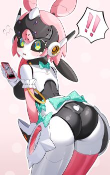 ! !! 1girl absurdres armband ass blush bow breasts commentary commentary_request cowboy_shot dasi_(kwts3227) dotted_background english_commentary flying_sweatdrops frilled_armband frills green_bow green_eyes highres holding holding_phone humanoid_robot joints leaning_forward looking_at_viewer looking_back mechanical_arms mechanical_ears mechanical_legs medium_breasts metal_skin mixed-language_commentary open_mouth phone pink_background polka_dot polka_dot_bow robot robot_girl robot_joints solo spoken_exclamation_mark sweat white_armband yutane_johiel zenless_zone_zero