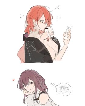 2girls absurdres bite_mark bite_mark_on_breast bite_mark_on_shoulder black_coat breasts cellphone censored_thought cleavage closed_mouth clothing_cutout coat coat_on_shoulders coffee_mug commentary_request cup eardoor_1022 heart hickey highres himeko_(honkai:_star_rail) holding holding_cup holding_phone honkai:_star_rail honkai_(series) kafka_(honkai:_star_rail) korean_commentary large_breasts long_hair long_sleeves mug multiple_girls phone ponytail purple_eyes purple_hair red_hair shirt shoulder_cutout simple_background smartphone smile speech_bubble squeans thought_bubble white_background white_shirt yuri