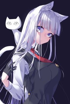 1girl animal_ear_fluff animal_ears black_gloves black_vest blank_stare breasts cat cat_ears cat_girl cat_tail closed_mouth collared_shirt collared_vest commentary_request expressionless gloves grey_eyes highres hu_dai_ren large_breasts long_hair long_sleeves looking_to_the_side looking_up necktie purple_background raised_eyebrows red_necktie scp-040-jp scp_foundation shaded_face shirt solo straight_hair tail upper_body very_long_hair vest white_hair white_shirt white_sleeves white_tail zipper