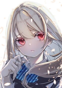 1girl absurdres amane_lily azuma_sawayoshi backlighting blonde_hair commentary_request highres jewelry long_hair looking_at_viewer oroka_na_tenshi_wa_akuma_to_odoru petals red_eyes ring school_uniform solo upper_body wind