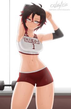 1girl armpits artist_name black_hair breasts cslucaris elbow_pads glasses grey_eyes gym_uniform looking_to_the_side medium_breasts multicolored_hair red_hair ruby_rose rwby short_hair shorts solo sports_bra stomach stretching sweat thighs