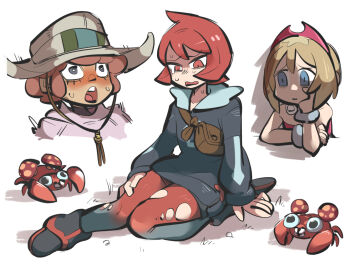 1boy 2girls arezu_(pokemon) arm_support black_footwear blonde_hair blue_eyes blush boots bracelet brown_bag brown_eyes brown_hair commentary_request diamond_clan_outfit gen_1_pokemon grey_jacket hairband hat head_rest irida_(pokemon) jacket jewelry knees_together_feet_apart lian_(pokemon) long_sleeves looking_down multiple_girls nintendo pantyhose paras pearl_clan_outfit pokemon pokemon_(creature) pokemon_legends:_arceus raised_eyebrows shirt short_hair shorts sitting strapless strapless_shirt sweat tirarizun torn_clothes torn_legwear white_background
