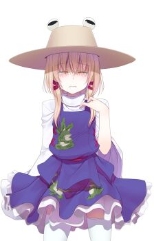 Rule 34 | 1girl, ^ ^, animal print, arm at side, blonde hair, blush, brown hat, closed eyes, closed mouth, colored eyelashes, commentary request, cowboy shot, crote, facing viewer, frilled skirt, frills, frog print, furrowed brow, hair between eyes, hair ribbon, hand up, hat, highres, large variant set, legs apart, long sleeves, medium hair, moriya suwako, petticoat, purple skirt, purple vest, ribbon, ribbon-trimmed sleeves, ribbon trim, shirt, sidelocks, skirt, solo, standing, tachi-e, tears, thighhighs, touhou, transparent background, turtleneck, turtleneck shirt, variant set, vest, white shirt, white thighhighs