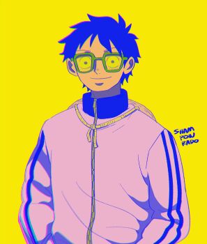 1boy alternate_costume artist_name blue_hair closed_mouth facial_scar glasses green-framed_eyewear grey_jacket hat highres jacket light_smile long_sleeves looking_at_viewer male_focus monkey_d._luffy one_piece scar scar_on_cheek scar_on_face shampowrado short_hair simple_background solo straw_hat track_jacket unworn_headwear upper_body yellow_background