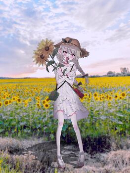 1girl bag bare_shoulders belt_collar black_bow black_ribbon blunt_bangs blurry blurry_background blush bow bracelet braid bug_cage cloud collar collarbone dress fangs field flower flower_field full_body grey_hair hair_ribbon handbag hat hat_bow highres holding holding_flower jewelry lace_trim long_hair looking_at_viewer low_twin_braids makaino_ririmu makaino_ririmu_(3rd_costume) moeno_28 multicolored_hair nijisanji no_socks open_mouth outdoors platform_sandals pointy_ears red_bag red_collar red_eyes red_streaks ribbon sandals shoulder_bag sidelocks sky sleeveless sleeveless_dress smile solo standing strap_slip straw_hat streaked_hair sundress sunflower sunflower_field twin_braids two-tone_hair virtual_youtuber white_dress