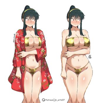 1girl bikini black_hair blush breasts closed_mouth eyepatch_bikini gold_bikini gold_hairband hairband jk_arts large_breasts long_hair micro_bikini multiple_views navel nose_blush ponytail red_eyes red_robe robe sidelocks simple_background spy_x_family swimsuit white_background yor_briar