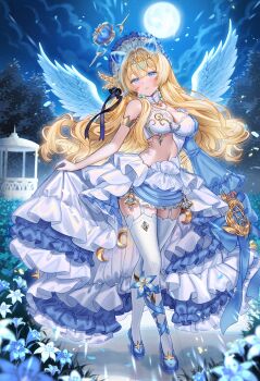 1girl absurdres bare_shoulders blonde_hair blue_eyes blue_shoes blush breasts by_mirin cleavage clip_studio_paint_(medium) commentary commission crossed_legs crown english_commentary floating_crown full_moon garter_straps hair_between_eyes highres jewelry long_hair looking_at_viewer making-of_available medium_breasts moon navel necklace night night_sky original parted_lips pearl_necklace shoes showgirl_skirt skirt skirt_hold sky solo stomach thighhighs very_long_hair white_garter_straps white_skirt white_thighhighs