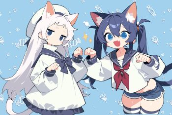Rule 34 | 2girls, :3, :d, ahoge, animal ear fluff, animal ears, black hair, blue background, blue bow, blue bowtie, blue eyes, blue neckerchief, blue sailor collar, blue shorts, blue thighhighs, blue trim, bow, bowtie, cat ears, cat girl, cat tail, closed mouth, cowboy shot, cropped shirt, denim, denim shorts, dress, extra ears, fang, flat chest, hair between eyes, hands up, hat, high collar, highres, horizontal-striped thighhighs, leaning forward, light blush, llucilab, long hair, long sleeves, looking at viewer, midriff, multiple girls, neckerchief, open mouth, original, paw pose, puffy long sleeves, puffy sleeves, raised eyebrows, revision, sailor collar, sailor dress, sailor hat, school uniform, serafuku, shirt, short dress, short shorts, shorts, sidelocks, skin fang, skindentation, smile, standing, striped clothes, striped thighhighs, tail, thighhighs, twintails, very long hair, white dress, white hair, white hat, white shirt, white thighhighs