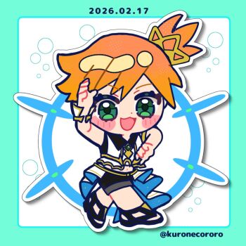 Rule 34 | 1girl, :3, :d, black shorts, blush, blush stickers, chibi, crown, eyelashes, full body, green background, green eyes, hand up, kuronecororo, looking at viewer, misty (arc suit) (pokemon), misty (pokemon), navel, nintendo, official alternate costume, open mouth, orange hair, overskirt, pokemon, pokemon (anime), pokemon masters ex, sandals, shirt, short hair, shorts, side ponytail, sleeveless, sleeveless shirt, smile, solo, twitter username, white shirt, wrist cuffs