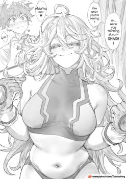 1boy 1girl absurdres ahoge artist_name boku_no_hero_academia breasts camera closed_mouth commentary deku's_photo_of_hagakure_toru english_commentary english_text fkscrashing gloves graphite_(medium) gulping hagakure_toru highres holding holding_camera long_hair medium_breasts midoriya_izuku midriff navel patreon_logo patreon_username smile solo_focus speech_bubble traditional_media upper_body