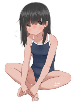 1girl artist_name bare_shoulders barefoot black_hair blunt_bangs blush breasts butterfly_sitting closed_mouth competition_school_swimsuit dated full_body grey_eyes long_hair looking_at_viewer nose_blush original retsumaru school_swimsuit sidelocks signature simple_background sitting small_breasts smile solo swimsuit white_background