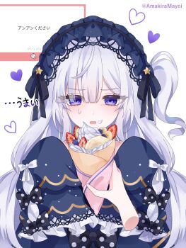 1girl absurdres amakira_mayoi blue_hairband bow commentary_request crepe dress eating food food_on_face frilled_dress frills gothic_lolita hair_over_one_eye hairband hands_up highres holding holding_crepe holding_food lolita_fashion lolita_hairband long_hair long_sleeves looking_at_viewer mahou_shoujo_no_majo_saiban marshmallow_(site) natsume_an-an one_side_up open_mouth polka_dot polka_dot_bow purple_eyes request_inset sleeves_past_fingers sleeves_past_wrists solo sweatdrop translation_request upper_body very_long_hair white_background white_hair