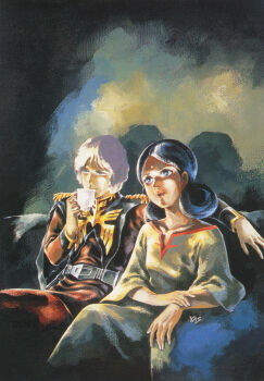 1980s_(style) belt bindi char_aznable concept_art couch couple cup disposable_cup dress drinking gundam highres lalah_sune military military_uniform mobile_suit_gundam official_art oldschool painting_(medium) production_art promotional_art retro_artstyle scan science_fiction signature sitting teacup traditional_media yasuhiko_yoshikazu zeon