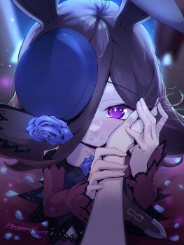 1girl 1other absurdres animal_ears black_hair blue_flower blue_hat blush bramoncrepe dress flower grin hair_over_one_eye hand_grab hand_on_another&#039;s_face hat hat_flower highres horse_ears horse_girl long_hair looking_at_viewer off-shoulder_dress off_shoulder pov purple_dress purple_eyes red_sleeves rice_shower_(rosy_dreams)_(umamusume) rice_shower_(umamusume) smile umamusume