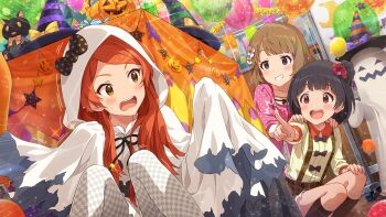 3girls behind_another black_hair blue_eyes brown_eyes brown_hair card_commentary checkered_pantyhose commentary_request flower game_asset ghost_costume grin hair_flower hair_ornament halloween halloween_costume hands_on_another's_shoulders hood hood_up idolmaster idolmaster_million_live! idolmaster_million_live!_theater_days indoors knees_up long_hair multiple_girls nakatani_iku official_art ogami_tamaki orange_eyes orange_hair pantyhose pointing sitting smile suou_momoko surprised table third-party_source white_flower white_pantyhose