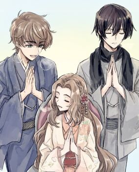 1girl 2boys black_hair black_scarf blue_kimono brother_and_sister brown_hair closed_mouth code_geass flower grey_kimono hair_between_eyes hair_flower hair_ornament haori japanese_clothes kimono kururugi_suzaku lelouch_vi_britannia long_hair multiple_boys nunnally_vi_britannia open_mouth own_hands_together parted_bangs parted_lips pink_kimono praying scarf setocg12 short_hair siblings sitting smile upper_body wavy_hair