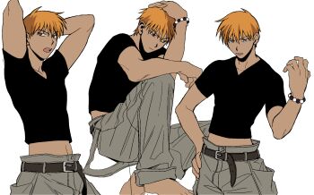 Rule 34 | 1boy, baggy pants, black shirt, bracelet, crop top, fruits basket, gyoi 0 0, highres, jewelry, male focus, orange hair, pants, shirt, short hair, sohma kyou, v-neck