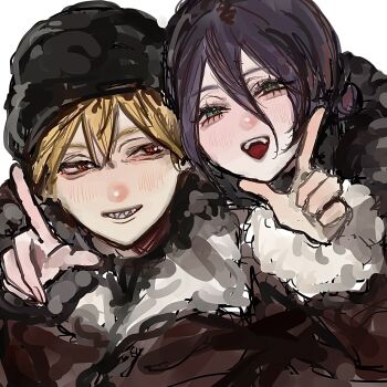 Rule 34 | 1boy, 1girl, arm around neck, black hat, blonde hair, brown coat, chainsaw man, coat, denji (chainsaw man), fur-trimmed coat, fur trim, green eyes, hair between eyes, hair bun, hat, highres, leigh 113n, light blush, medium hair, open mouth, parted lips, purple hair, red eyes, reze (chainsaw man), sharp teeth, short hair, smile, teeth, updo, upper body, white background, winter clothes