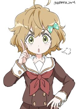 Rule 34 | 1girl, absurdres, ahoge, bow, brown hair, commentary request, green eyes, hair bow, hand on own hip, hibike! euphonium, highres, index finger raised, kawashima sapphire, kitauji high school uniform, long sleeves, looking at viewer, neckerchief, open mouth, polka dot, polka dot bow, puff of air, school uniform, serafuku, short hair, solo, thick eyebrows, v-shaped eyebrows, white gorilla (okamoto)