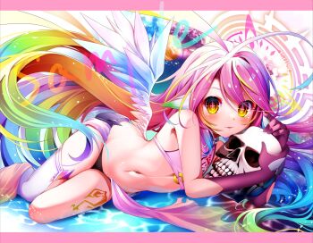1girl armpit_crease bare_shoulders black_gloves blonde_hair blue_hair crop_top elbow_gloves feathers flaming_eye fusen_haru gloves gradient_hair green_hair halo highres holding holding_skull jibril_(no_game_no_life) leg_tattoo loli long_hair looking_at_viewer low_twintails low_wings lying multicolored_hair navel no_game_no_life on_side pink_hair planet sample_watermark short_shorts shorts single_thighhigh skull solo space sparkling_eyes tattoo thighhighs tongue tongue_out twintails water watermark white_feathers wing_ears wings yellow_eyes