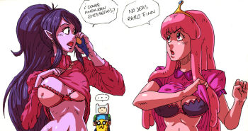 ... 2boys 2girls adventure_time animal_hood bear_hood bra breasts clothes_lift colored_skin dog dress dress_lift finn_the_human high_ponytail hood jake jake_the_dog large_breasts long_hair marceline_abadeer multiple_boys multiple_girls pink_hair pink_skin pointy_ears ponytail princess princess_bonnibel_bubblegum simple_background spanish_text spoken_ellipsis sweater sweater_lift tiara translated underwear undressing vampire white_background