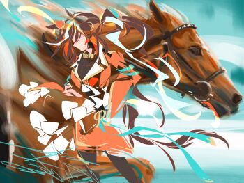 1girl animal_ears brown_hair echoo faceless faceless_female frilled_sleeves frills highres horse horse_ears horse_girl jacket long_hair long_sleeves multicolored_hair orange_jacket orange_skirt pantyhose royal_hope_(the_royal_family) side_ponytail skirt streaked_hair the_royal_family_(tv_series) umamusume white_hair