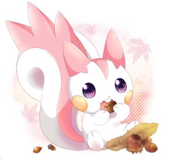 acorn alternate_color autumn_leaves commentary_request gen_4_pokemon holding leaf nintendo no_humans no_sclera open_mouth pachirisu pokemon pokemon_(creature) pokemon_focus purple_eyes shiny_pokemon sitting solo squirrel squirrel_417