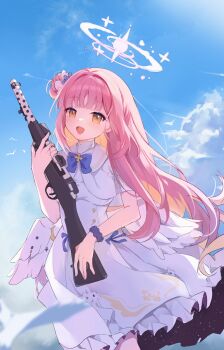 1girl absurdres angel_wings blue_archive blue_bow blush bow capelet feathered_wings flower gold_trim gun hair_bun hair_flower hair_ornament halo highres holding holding_gun holding_weapon lanchester_smg long_hair looking_at_viewer low_wings mika_(blue_archive) open_mouth pink_hair pink_halo scrunchie single_hair_bun single_side_bun smile solo submachine_gun very_long_hair weapon white_capelet white_wings wing_ornament wings wrist_scrunchie yellow_eyes zhixing_kyouko