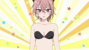 2girls animated anime_screenshot bare_shoulders black_bra black_ribbon blush bra breasts cleavage closed_eyes collarbone earrings grey_eyes hair_between_eyes hair_ribbon highres honda_miyako inui_sajuna jewelry lips multiple_girls navel pink_hair ponytail ribbon sidelocks small_breasts smile sono_bisque_doll_wa_koi_wo_suru sound stomach strapless strapless_bra tagme underwear video
