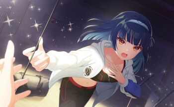 +_+ 1girl black_hair blue_hair blunt_bangs breasts cleavage collarbone commentary_request crop_top diffraction_spikes game_cg hairband hand_on_own_chest highres hood jacket long_hair long_sleeves looking_at_viewer midriff navel official_art open_clothes open_jacket open_mouth pants red_eyes senju_koyomi sparkle sparkle_background sparkling_eyes standing third-party_source v-shaped_eyebrows white_jacket world_dai_star