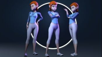 1girl 3d aged_up ben_10 blue_shirt blush breasts crossed_arms green_eyes gwen_tennyson hair_ornament hairclip midriff_peek non-web_source orange_hair pale_skin pants shirt short_hair skinny small_breasts tight_clothes white_pants