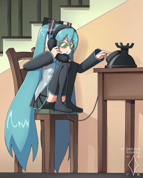 1girl antique_phone aqua_hair aqua_necktie artist_logo artist_name black_boots black_skirt black_sleeves boots chair commentary corded_phone detached_sleeves digiral dress english_commentary grey_shirt hair_ornament hatsune_miku highres holding holding_phone indoors knees_up logo long_hair necktie on_chair parody phone pleated_dress pout rotary_phone scene_reference shirt sitting skirt sleeveless sleeveless_shirt solo stairs sunglasses table thigh_boots tom_and_jerry twintails twitter_username v-shaped_eyebrows very_long_hair vocaloid