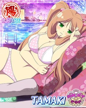 1girl beach_chair bikini border breasts brown_hair card_(medium) character_name cherry_blossoms cleavage cum cum_pool english_text game_cg green_eyes hair_bobbles hair_ornament large_breasts long_hair looking_at_viewer lying navel night night_sky official_alternate_costume official_art on_side pink_bikini polka_dot polka_dot_bikini pool pov senran_kagura senran_kagura_new_wave skindentation sky sleepy solo swimsuit tamaki_(senran_kagura) twintails