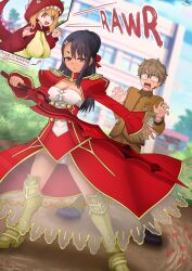 1boy 2girls absurdres aestus_estus artist_name asymmetrical_hair black_hair blonde_hair braid breasts brown_hair bun_with_braided_base cleavage closed_mouth corset fate/extra fate/grand_order fate_(series) glasses hachiouji_naoto hair_bun hair_ornament hair_ribbon highres holding holding_sword holding_weapon ijiranaide_nagatoro-san kaschmatz long_hair multiple_girls nagatoro_hayase nero_claudius_(fate) nero_claudius_(fate/extra) open_mouth red_corset red_ribbon ribbon school_uniform see-through_clothes see-through_skirt skirt standing sword tagme tan tanline weapon yoshi_(nagatoro)