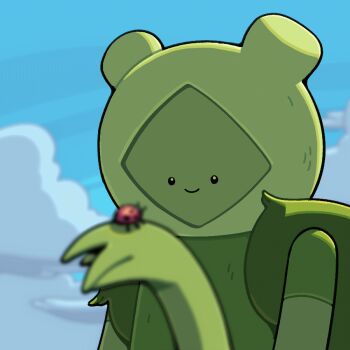 ._. 1boy adventure_time animated animated_gif backpack bag bear_hat bug closed_mouth cloud cloudy_sky colored_skin commentary discount-supervillain english_commentary fern_(adventure_time) green_skin hat insect ladybug male_focus monster_boy plant_boy shirt sky smile solo t-shirt toon_(style) upper_body