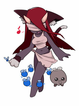 1girl :d animal_ear_fluff animal_ears big_fan_(the_binding_of_isaac) blindfold blue_fly_(the_binding_of_isaac) breasts bug cat_ears cat_tail collarbone dark-skinned_female dark_skin demon_girl fly full_body guppy&#039;s_paw highres holding horns insect lilith_(the_binding_of_isaac) long_hair medium_breasts navel open_mouth red_hair smile solo standing tail tank_top the_binding_of_isaac yellowparrot
